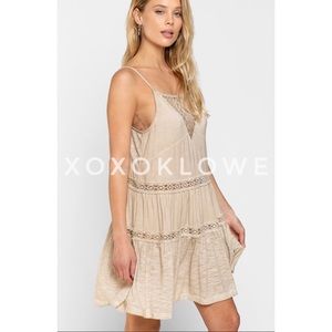 POL Sand Beige Sleeveless Lace Trimmed Mini Dress